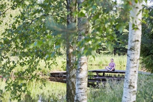 Preview: Woman sitting on a bridge over a lake, among the trees, close to nature, during summer vacations