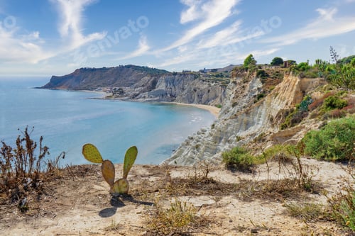Preview: Aerial view of Stair of Turks in Italian Scala dei Turchi rocky cliff on coast