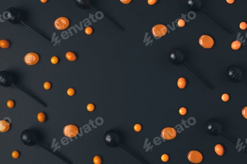 Preview: top view of festive black and orange halloween lollipops on black