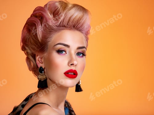 Preview: Beautiful woman with creative hairstyle, vivid makeup.