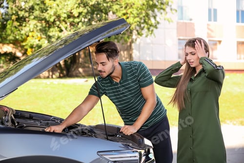 Preview: People near broken car on city street