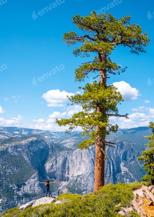 Preview: A young woman in Sentinel Dome looking at Upper Yosemite Fall