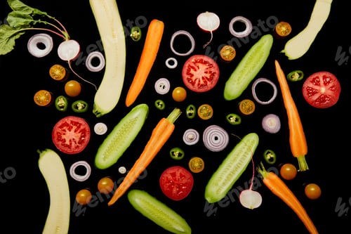 Preview: top view of tasty vegetable pattern isolated on black