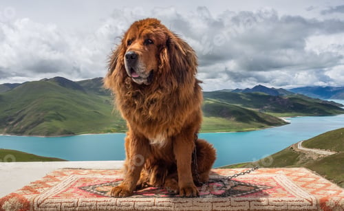 Preview: Huge dog sitting near lake and hill