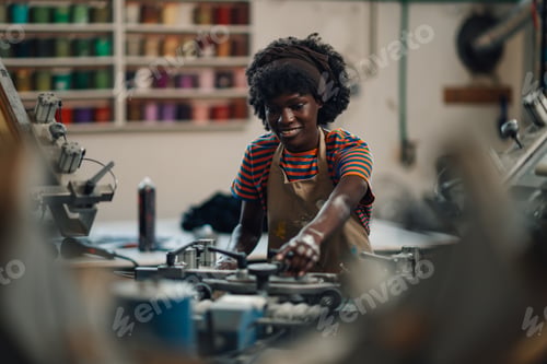 Preview: Interracial press woman adjusting silk screen printing press at workshop