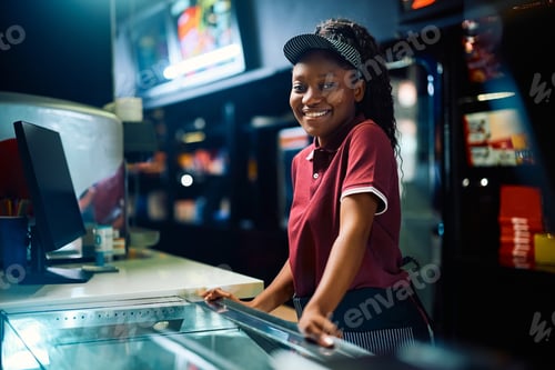 Preview: Happy black female cashier working in cinema and looking at camera.