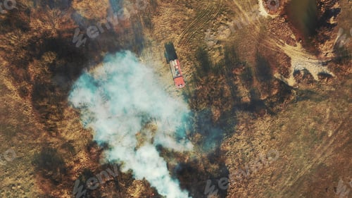 Preview: Aerial View. Spring Dry Grass Burns During Drought Hot Weather. Bush Fire And Smoke. Fire Engine