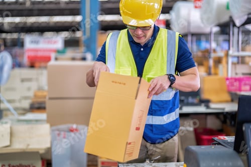Preview: Worker in large depot storage warehouse use adhesive tape prepare packing box at cashier counter