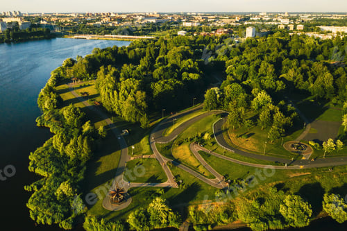 Preview: Top view of the city Park in Chizhovka.Recreation Park with bike paths in Minsk.Belarus