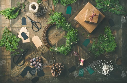 Flat-lay of Christmas and New Year decoration, wooden background