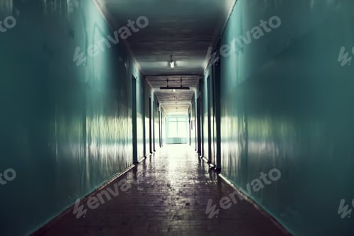 Long Blue Hallway Perspective with Light and Doors