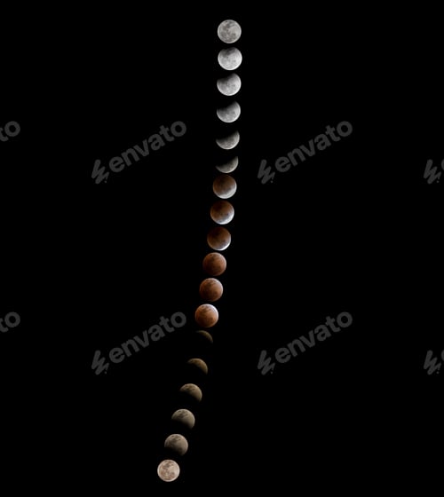 Preview: Blue Moon and super moon isolated on black background Total lunar eclipse and trail phase stack