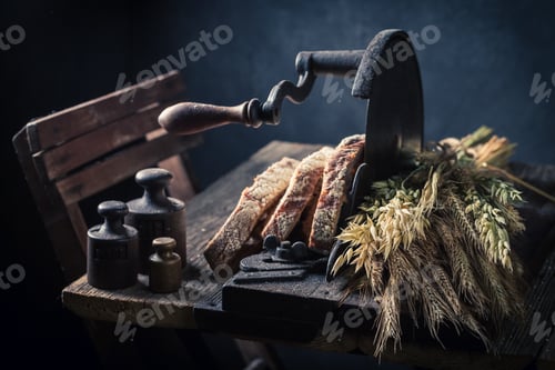 Preview: Pieces of bread cut into a slicer and grains