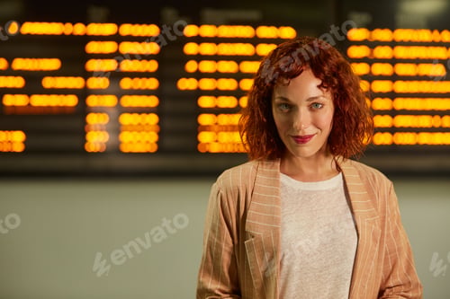 Preview: Smiling attractive young female at railway station