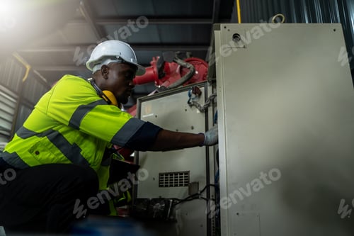 Preview: Engineer in modern industrial factory inspect robot arm controller in production plant factory.