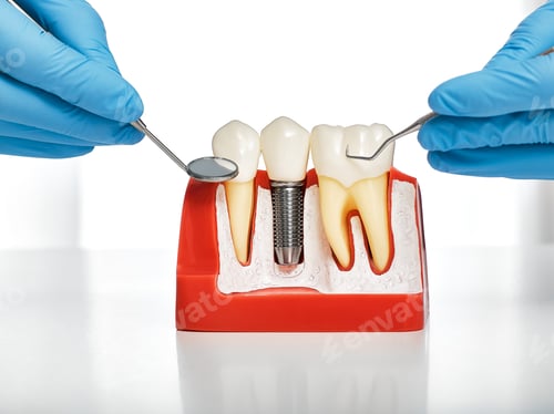 Preview: Dental prosthetics concept. Showing the installation of a dental implant on the anatomical model of