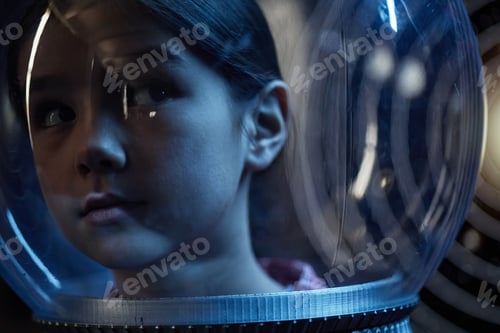 Preview: Portrait of Young Asian Girl Wearing Space Helmet and Gazing Thoughtfully
