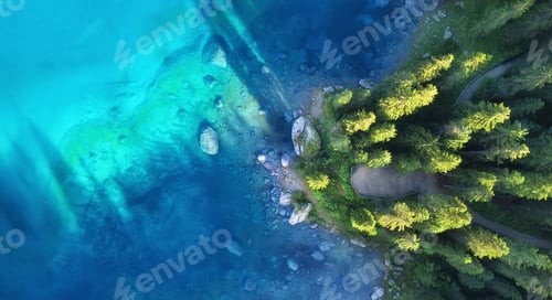 Preview: Aerial landscape from air in the Dolomite alps, Italy. Aerial view on the lake and forest.