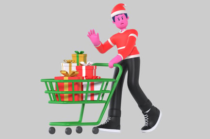 Preview: Santa Claus pushing a shopping cart full of gifts