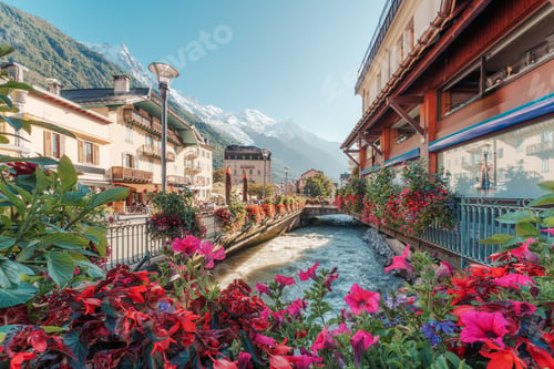 Preview: Chamonix Mont Blanc downtown among the French alps with flower blooming, canel and building