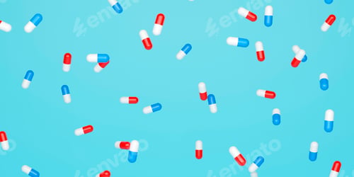 Preview: Floating medical capsules on blue background. 3d render