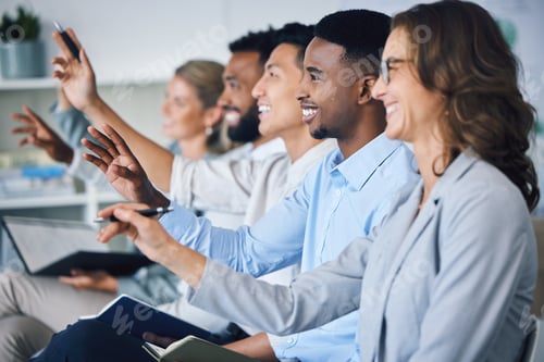 Preview: Hands, question and training with a team of business people in a meeting, presentation or seminar i