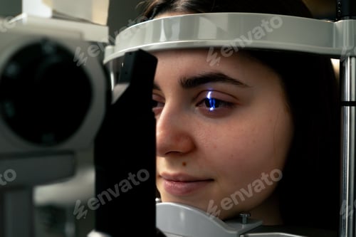 Preview: close up in an ophthalmology clinic young doctor diagnoses a young girl with a magnifying lens