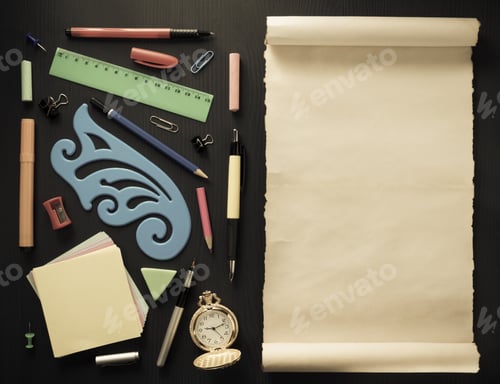 Preview: school supplies on black wood