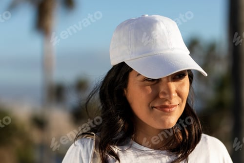 Preview: Latina woman wearing cap, a plain white hat