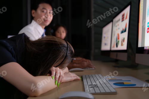 Preview: Group of broker international stock traders wearing headset working actively at night in office,