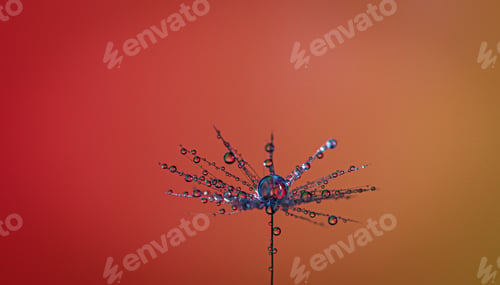 Preview: Isolated single dandelion with raindrops on a muted background of warm and cool tones