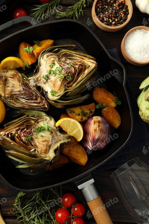 Preview: Concept of tasty food with grilled artichoke, top view