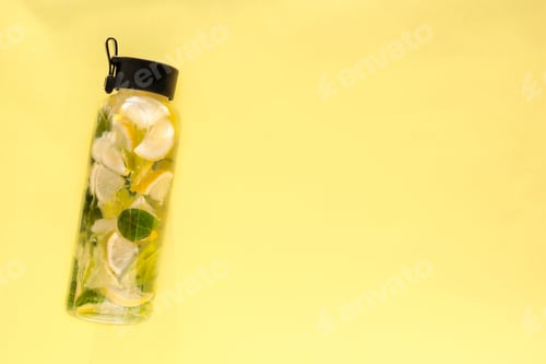 Preview: Glass water bottle with citrus fruits, lemon, mint leaves on light yellow background. Fresh cocktail