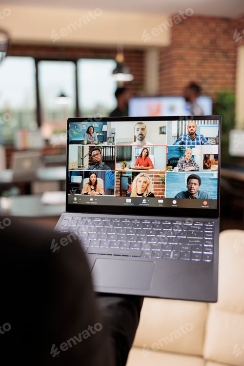 Preview: Female freelancer talking on online videocall