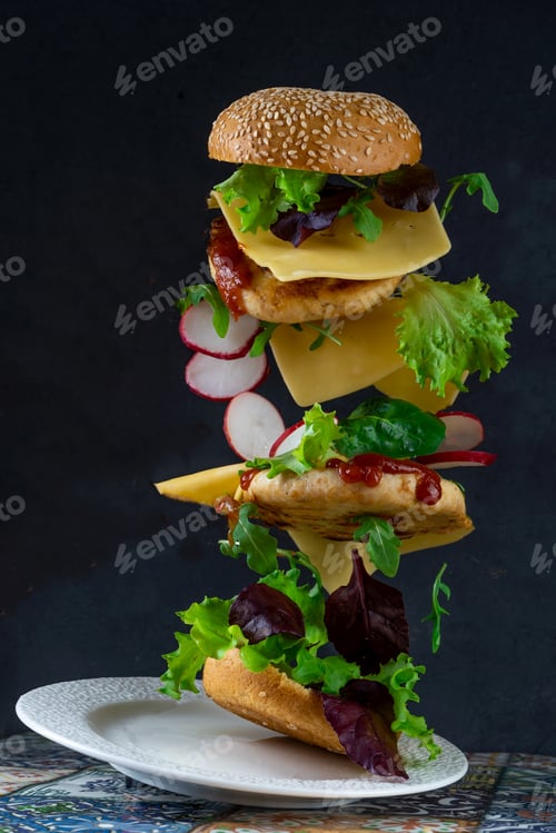 Preview: Hamburger bun, double chicken cutlet with cheese, lettuce, arugula and radish. Meat, vegetables and