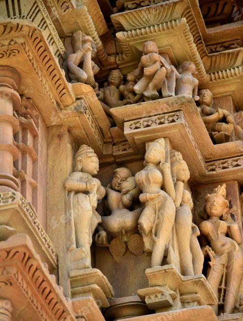 Preview: Stone carving sculptures on Khajuraho Temple, a UNESCO world Heritage site, India.