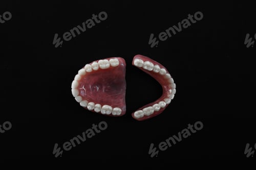 Preview: Full removable plastic denture of the jaws. A set of dentures on a black background