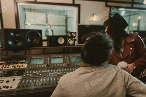 Preview: sound producers looking at singer at recording studio