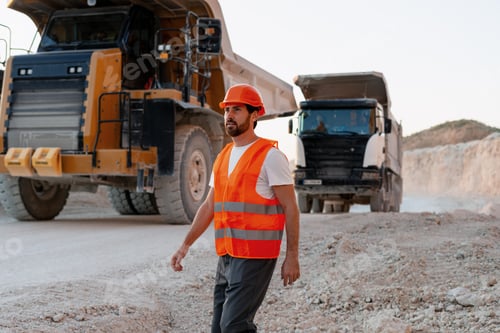 Preview: Mining engineer walking in quarry with dump trucks
