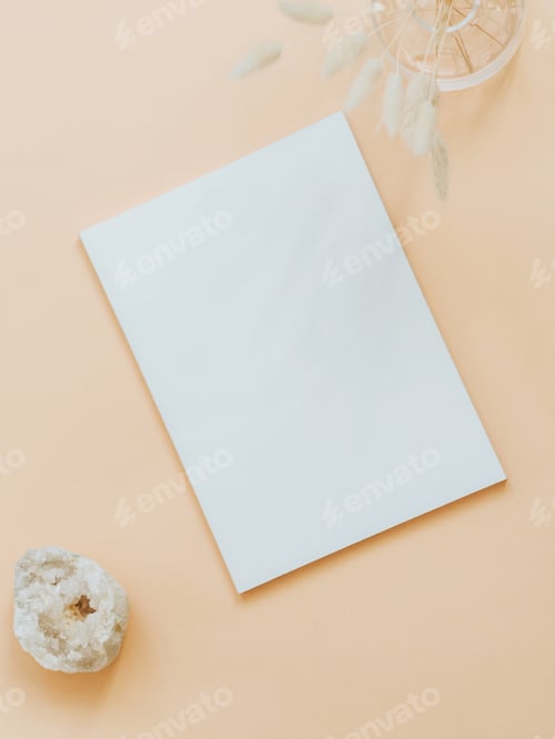 Preview: Empty blank white magazine or catalog cover layout, vase and dried grass and white crystal