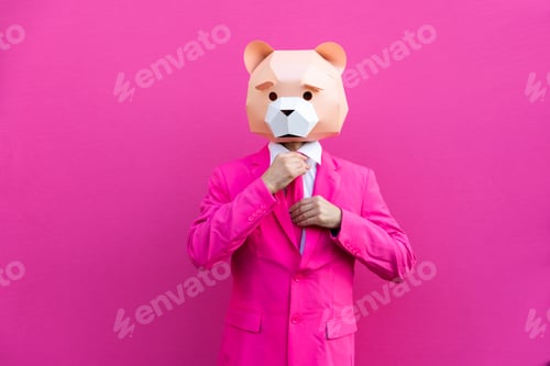 Preview: Man with funny low poly mask on colored background