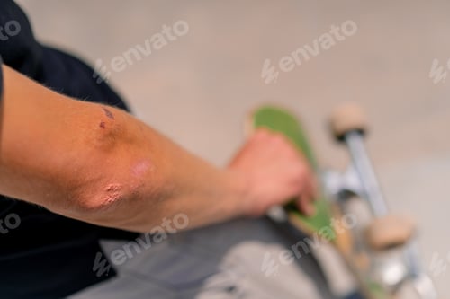 Preview: Close-up young skateboarding guy holds a skateboard with his hand in a city skatepark