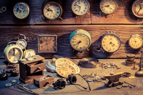 Preview: Watchmaker's workshop with parts of clocks