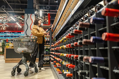 Preview: A female shopper carefully chooses a bottle of wine in a supermarket aisle