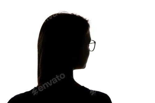 Preview: Silhouette of woman in glasses looking away isolated on white