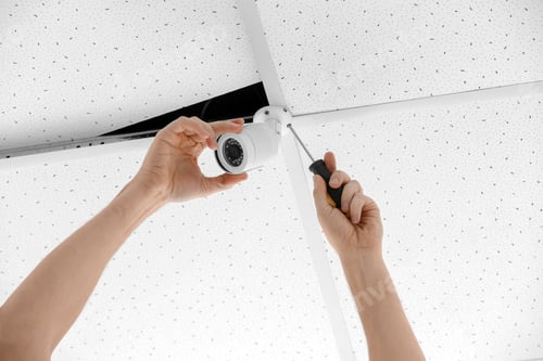 Preview: Technician installing CCTV camera on ceiling indoors
