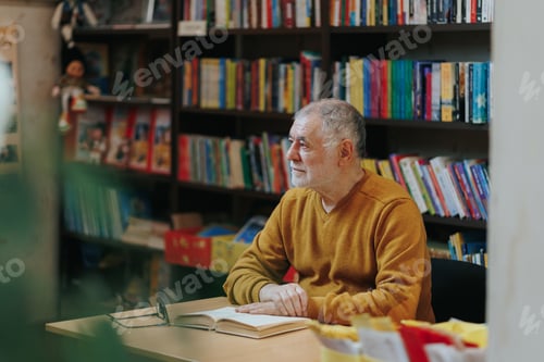 Preview: Knowledge Gazer Front View of Senior Man Amid Library Stacks