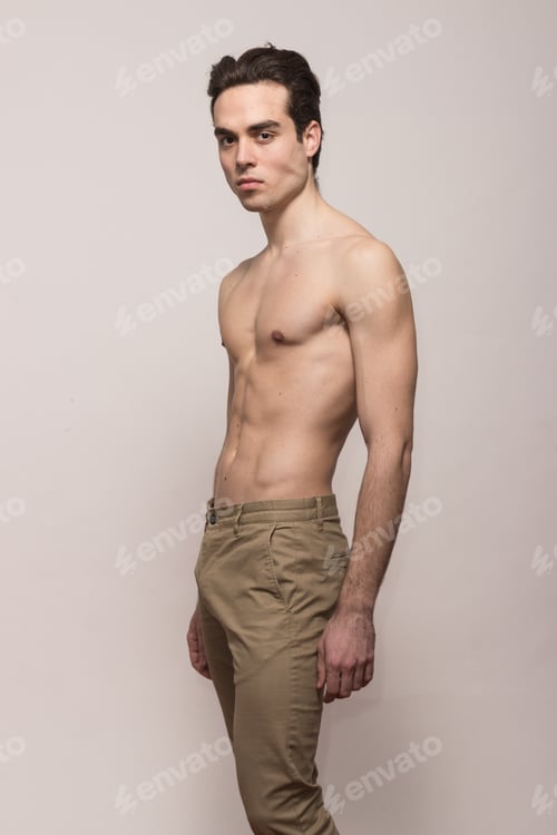Preview: One Young Adult Man Model Shirtless Body Posing Pants, White Background