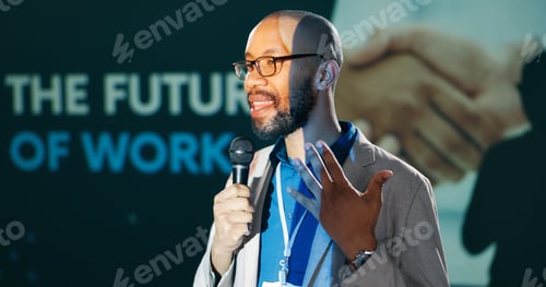 Preview: Conference, speech for work future and man with microphone on stage for business seminar or worksho