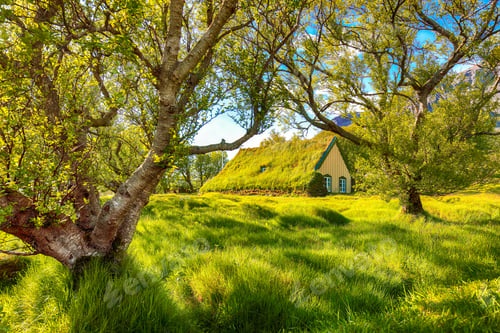 Preview: Picturesque view of turf-top church Hofskirkja during sunset.